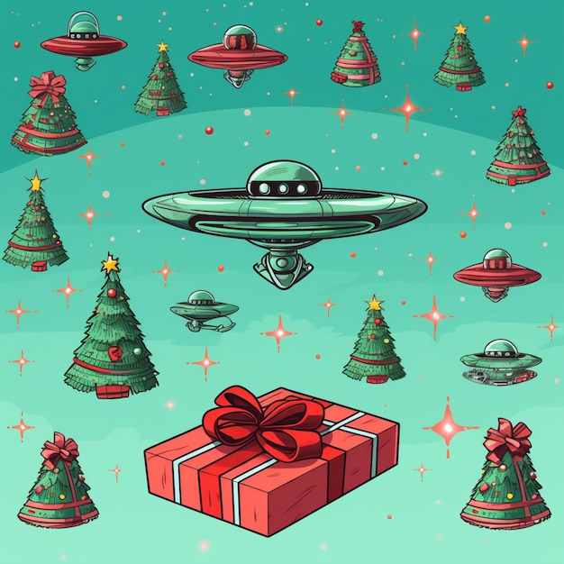 Um close-up de uma caixa de presentes com uma árvore de Natal e uma nave espacial