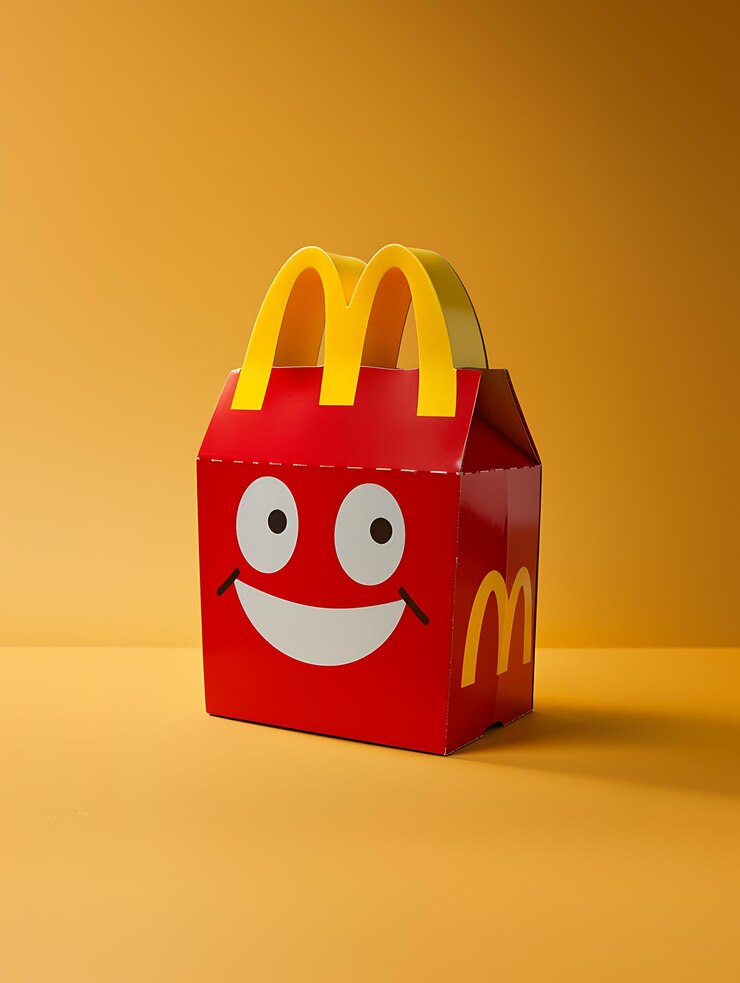 Foto um close-up de uma caixa do mcdonald's com um rosto sorridente