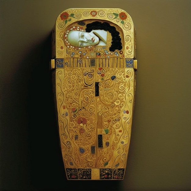 Um close-up de uma caixa pintada de ouro com uma mulher nela generativa ai