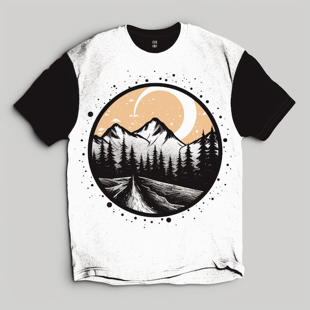 Um close-up de uma camiseta com uma cena de montanha nele