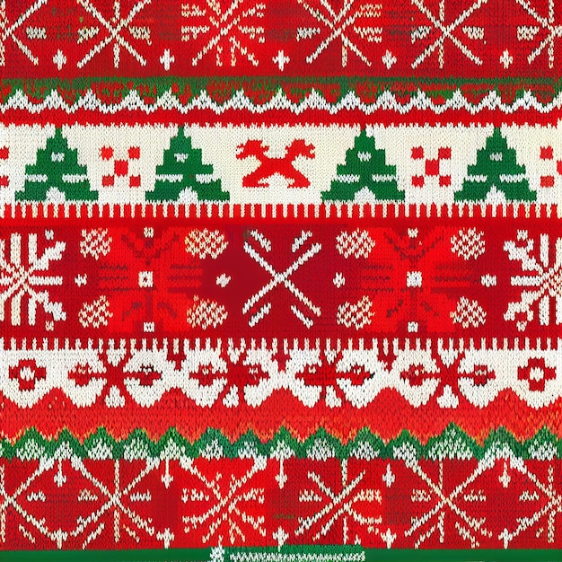 Foto um close-up de uma camisola de natal de tricô com árvores e flocos de neve