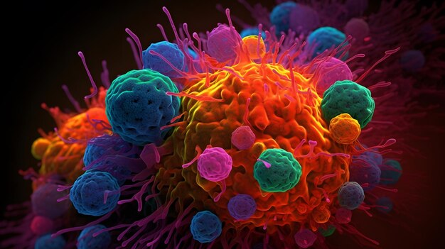 Um close-up de uma célula de vírus com um padrão colorido.