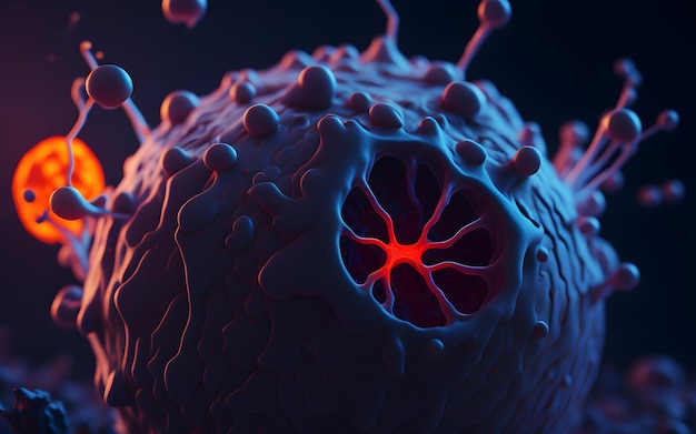 Um close-up de uma célula de vírus com uma luz vermelha na parte inferior.
