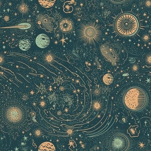 um close-up de uma cena espacial com muitos planetas e estrelas