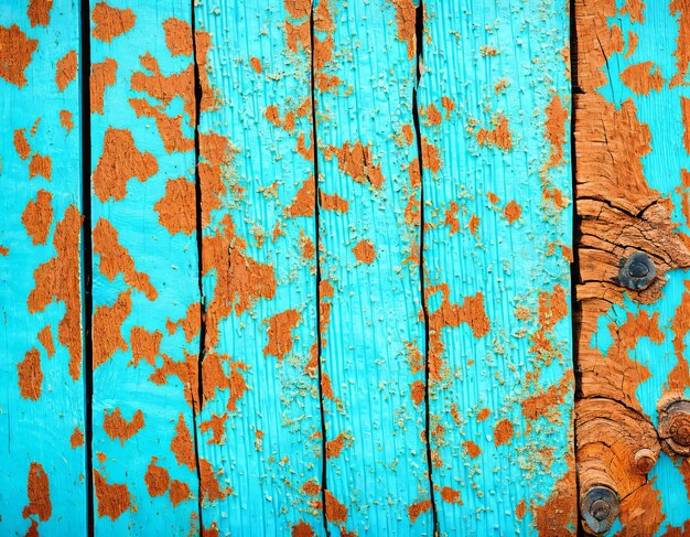 Foto um close-up de uma cerca de madeira azul com um pedaço de madeira enferrujado.