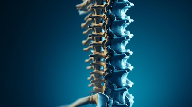 Um close-up de uma coluna vertebral humana com um fundo azul generativo ai