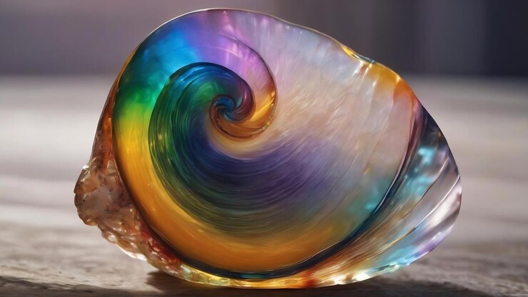 Foto um close-up de uma concha de vidro com as cores do arco-íris