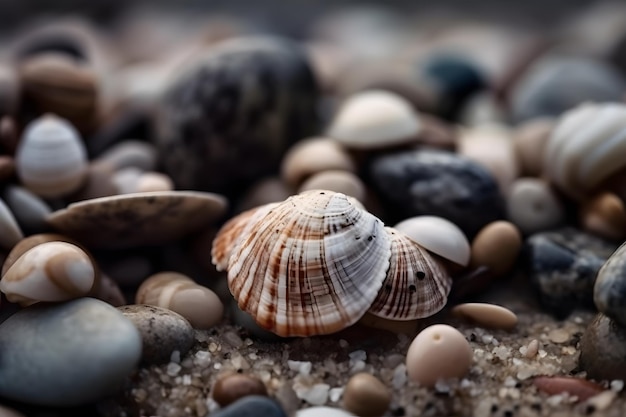 Um close-up de uma concha do mar em uma praia