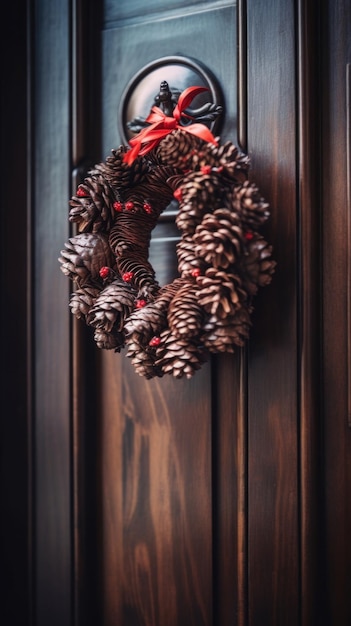 Um close-up de uma coroa de flores em uma imagem de IA generativa de porta