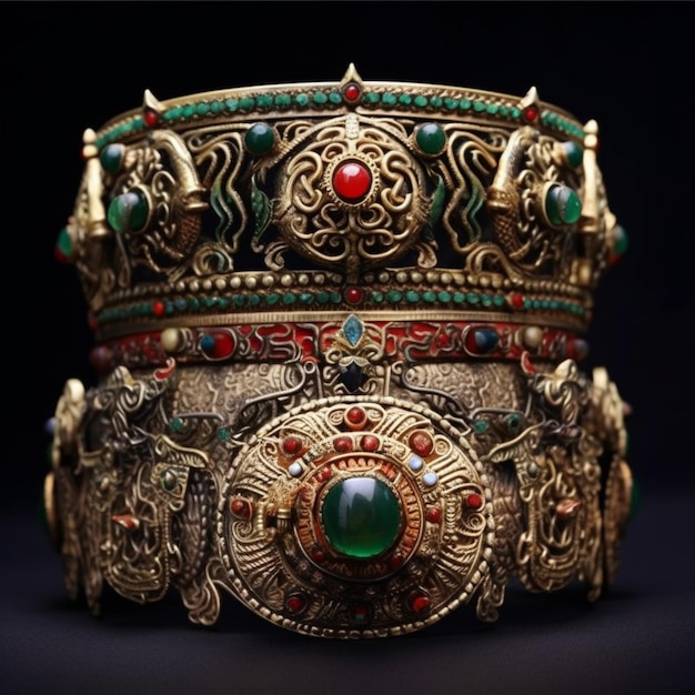 Foto um close-up de uma coroa de ouro com jóias verdes e vermelhas generativa ai