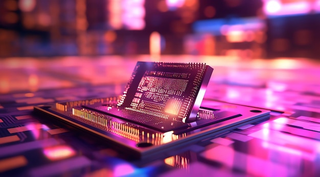 Um close-up de uma CPU com a tecnologia de chip nela