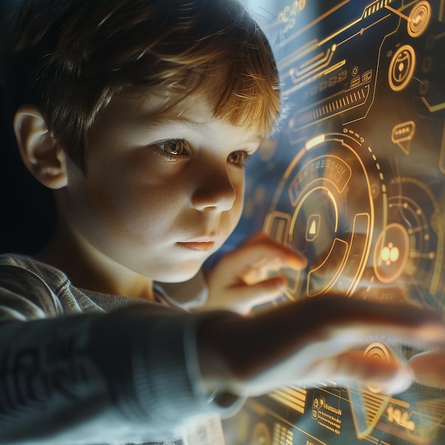 Foto um close-up de uma criança usando um conceito de tecnologia de interface de tela sensível ao toque futurista