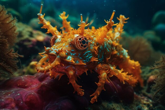 Um close-up de uma criatura do mar com um padrão laranja e azul brilhante.