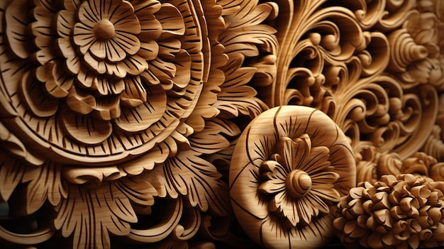 Um close-up de uma escultura em madeira com flores.