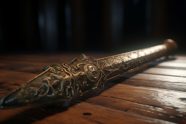 Um close-up de uma espada com um desenho de folha de ouro.