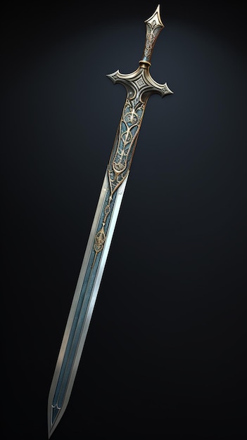 um close-up de uma espada com uma decoração de ouro e prata