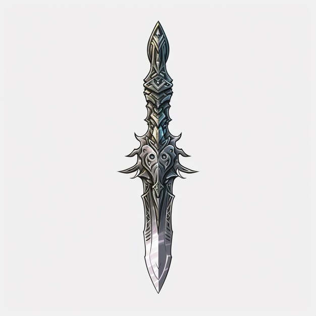 Um close-up de uma espada com uma lâmina muito longa.