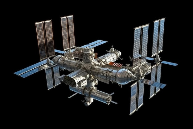 Um close-up de uma estação espacial com um satélite e um vaivém espacial generativo ai