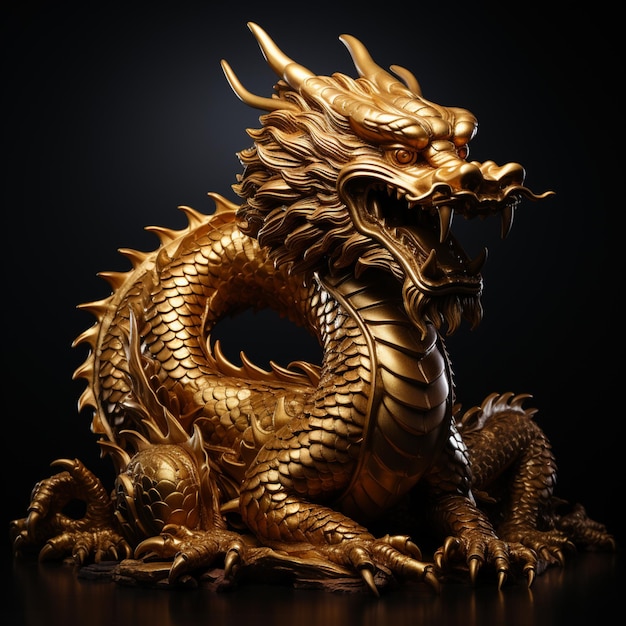 Um close-up de uma estátua de dragão dourado em uma superfície negra generativa ai