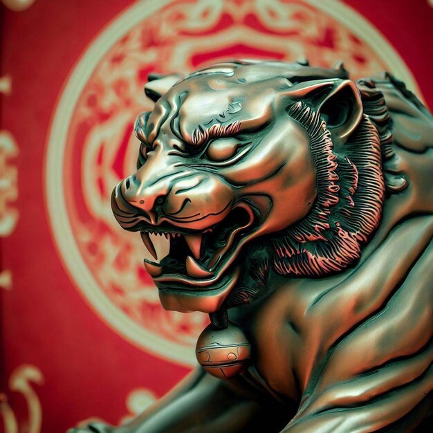 um close-up de uma estátua de um tigre