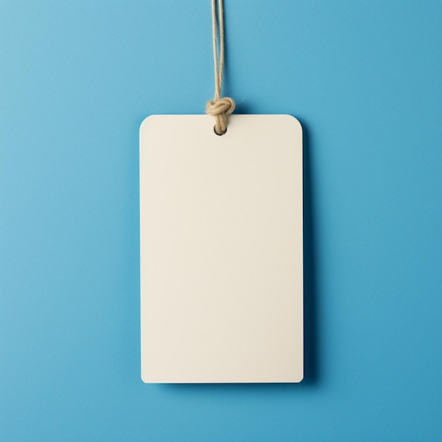 Um close-up de uma etiqueta branca em branco pendurada em uma parede azul generativa ai