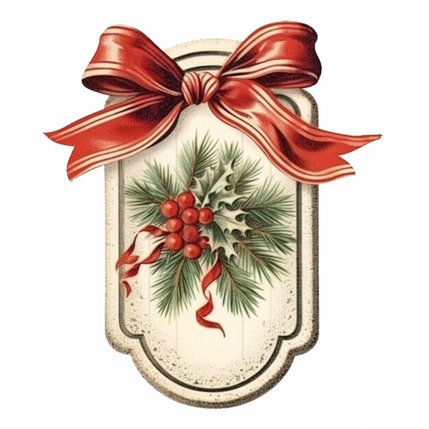 um close-up de uma etiqueta de Natal com uma fita vermelha e holly generative ai