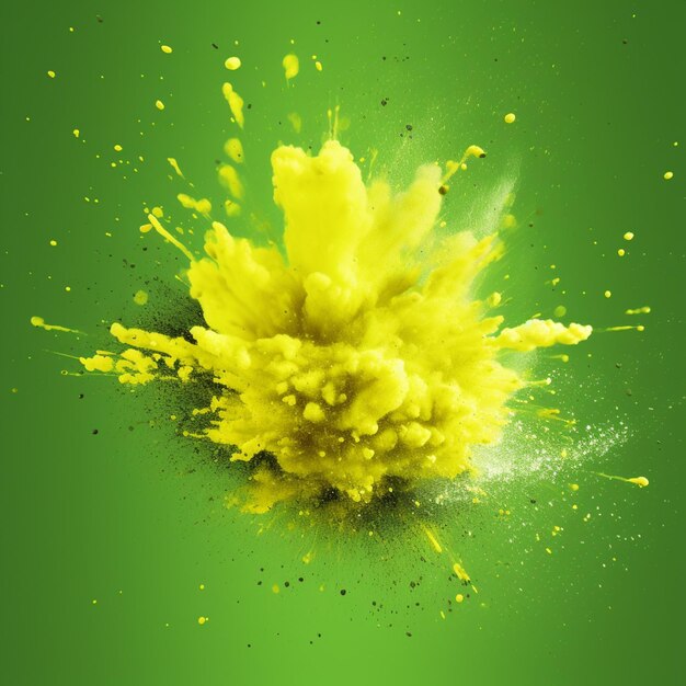 Foto um close-up de uma explosão amarela de pó em um fundo verde generativo ai