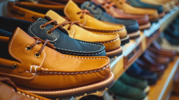 Um close-up de uma exposição de sapatos de barco aconchegantes em diferentes estilos