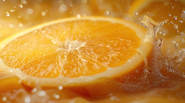 Um close-up de uma fatia de laranja fresca salpicando o suco