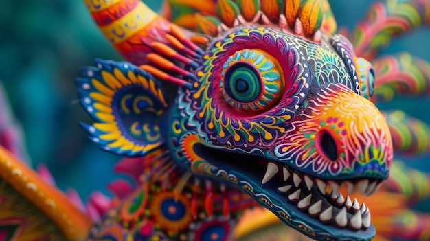 Um close-up de uma figura de dragão colorido com detalhes intrincados. Dia dos Mortos.