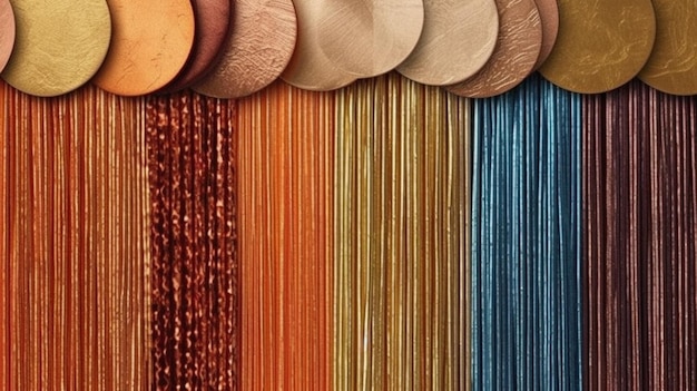 Um close-up de uma fileira de discos de madeira de cores diferentes