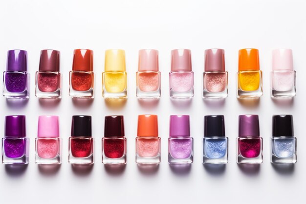 um close-up de uma fileira de garrafas de esmalte de unhas de cores diferentes