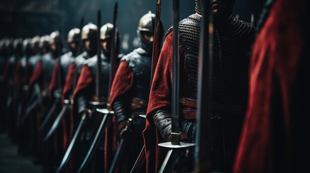um close-up de uma fileira de homens em armadura com espadas generativo ai