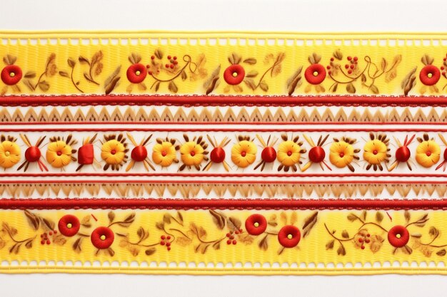 um close-up de uma fita amarela e vermelha com flores e folhas generativas ai