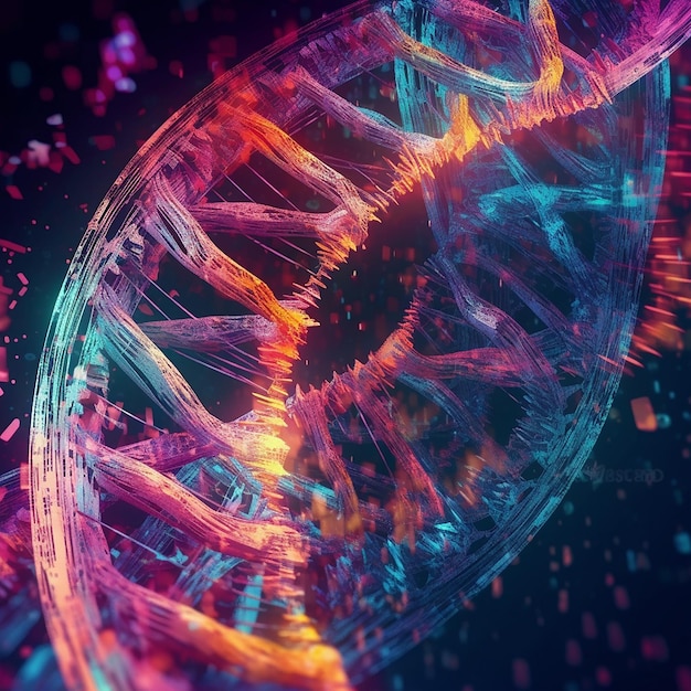 Um close-up de uma fita de DNA com um fundo roxo