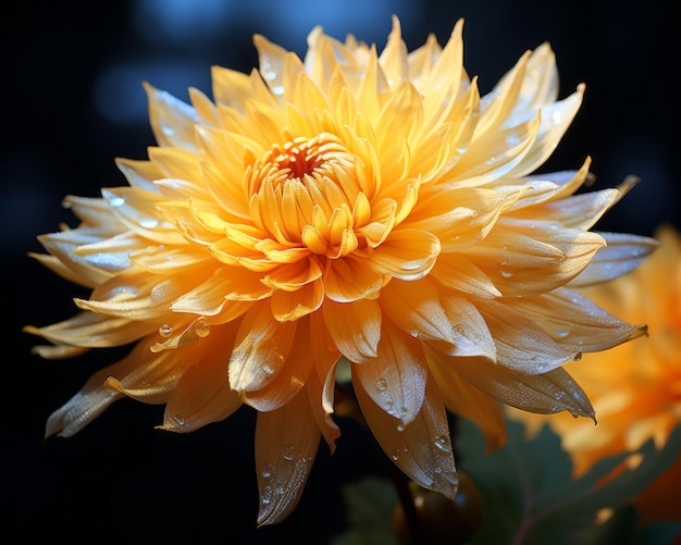 Um close-up de uma flor amarela com gotas de água sobre ele