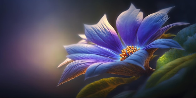 Um close-up de uma flor azul com folhas verdes generative AI