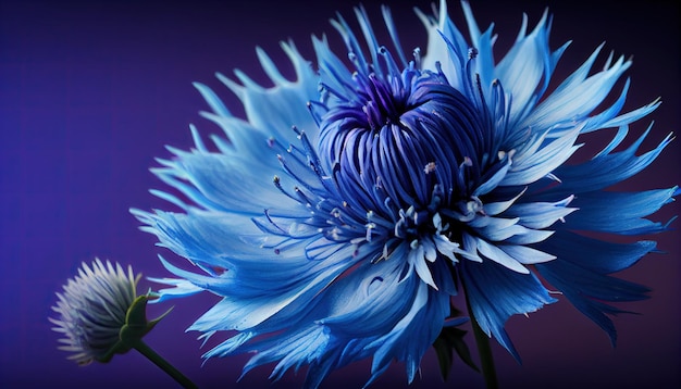 Um close-up de uma flor azul em uma IA generativa de fundo roxo