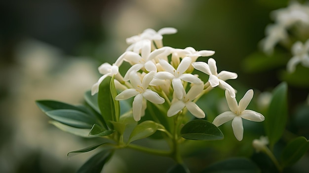 Um close-up de uma flor branca com a palavra jasmim nela