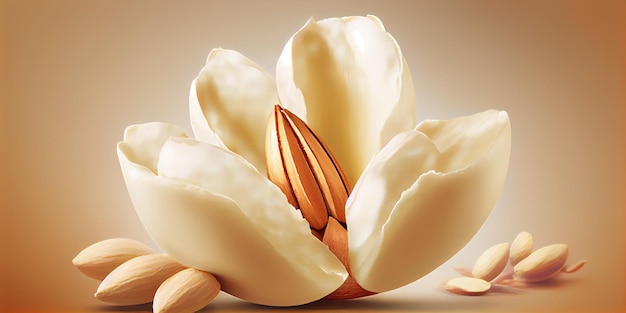 Um close-up de uma flor branca com amêndoas generativa AI