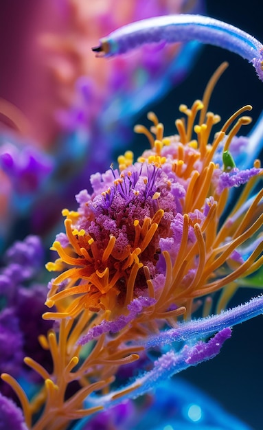 Um close-up de uma flor com cores roxas e laranja