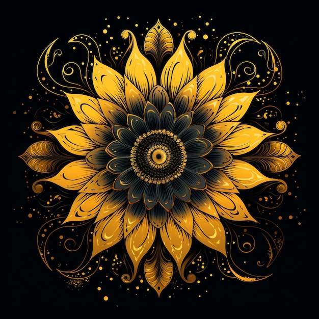 um close-up de uma flor com desenhos dourados e pretos
