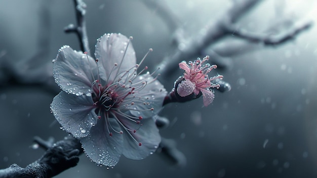 um close-up de uma flor com gotas de água generativa ai