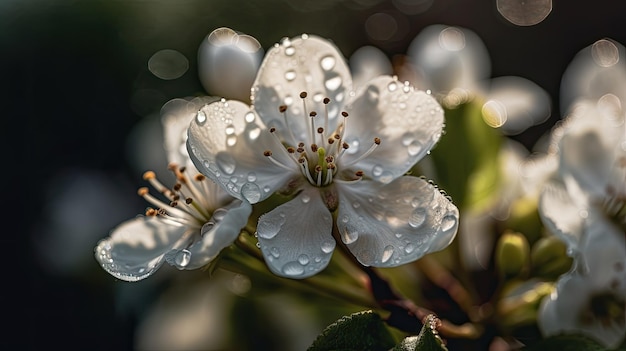 Um close-up de uma flor com gotas de água sobre ele