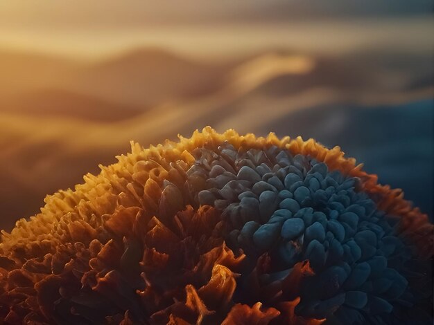 Foto um close-up de uma flor com montanhas no fundo