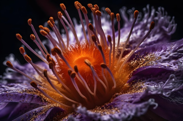 Um close-up de uma flor com o centro roxo