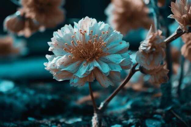 Um close-up de uma flor com um fundo azul