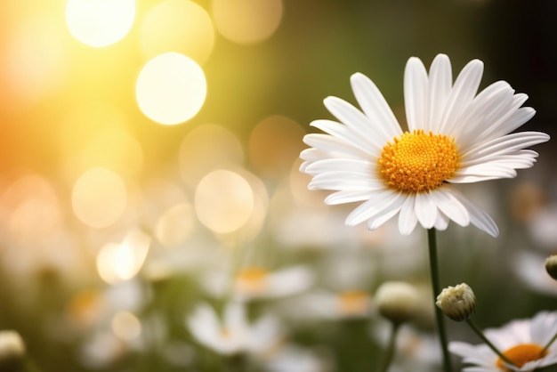 Um close-up de uma flor de margarida branca com um espaço de cópia central amarelo para o texto