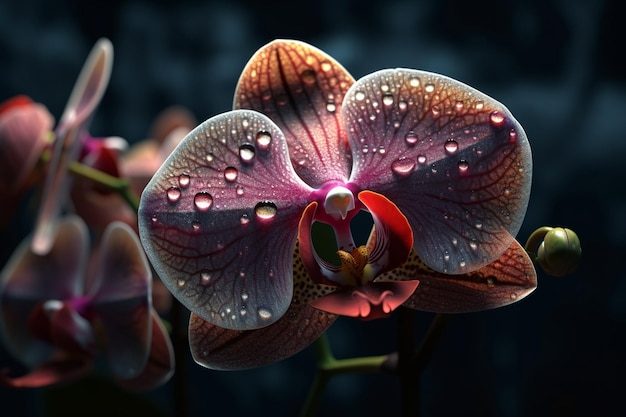 Um close-up de uma flor de orquídea com gotas de água sobre ele