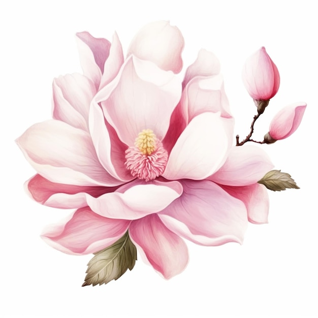 Um close-up de uma flor rosa com folhas verdes em um fundo branco generativo ai